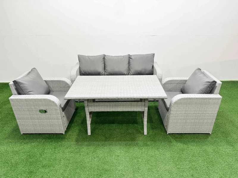 Image of Fimous PE Rattan Garden Furniture Set Reclining Chair Sofa Lounge Sofa Set Rectangular Dining Table Light Grey Light Grey