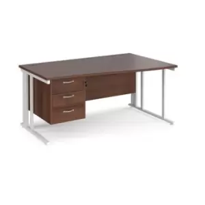 Image of Office Desk Right Hand Wave Desk 1600mm With Pedestal Walnut Top With White Frame Maestro 25 MCM16WRP3WHW