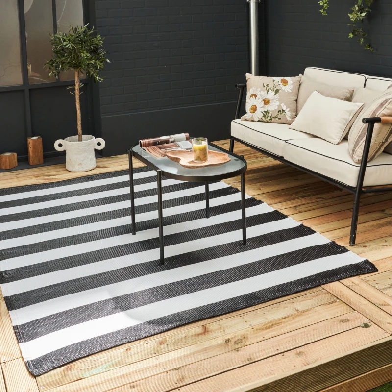 Image of THE RUGS Waterproof Plastic Outdoor Rugs for Garden Patio Balcony Camping - Striped - Rainbow 1030 Black&White Size: 180cm x 270cm Multicolor Unis