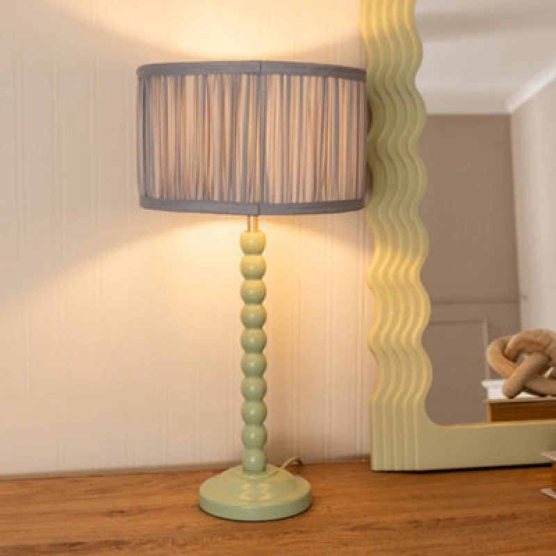 Image of ValueLights Bobbins Sage Green Table Lamp with Ruched Pleated Drum Lamp Shade and LED Bulb Baby Blue