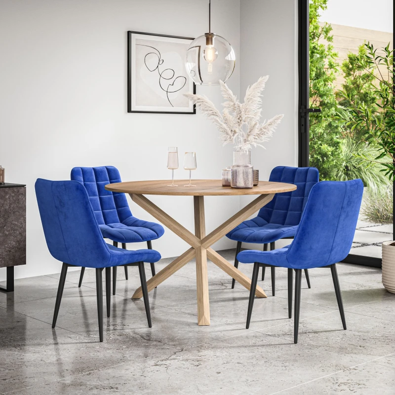 Image of More4Homes Malvern Round Dining Table And Chairs - Oak Table Top W Solid Oak Legs + Nova Velvet Dining Chair Set Of 4 (Blue)