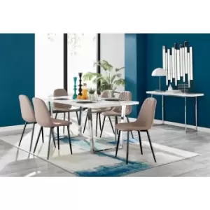 Image of Kylo White High Gloss Dining Table & 6 Cappuccino Corona Faux Leather Dining Chairs with Black Legs Diamond Stitch - Cappuccino