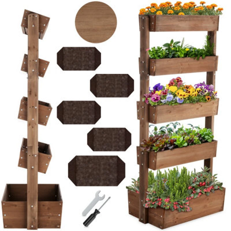 Image of Tectake Vertical Planter Flora In A Rustic Wooden Design With 3 To 5 Tiers And Plant Fleece Included 81 X 52 X 180 Cm - Brown