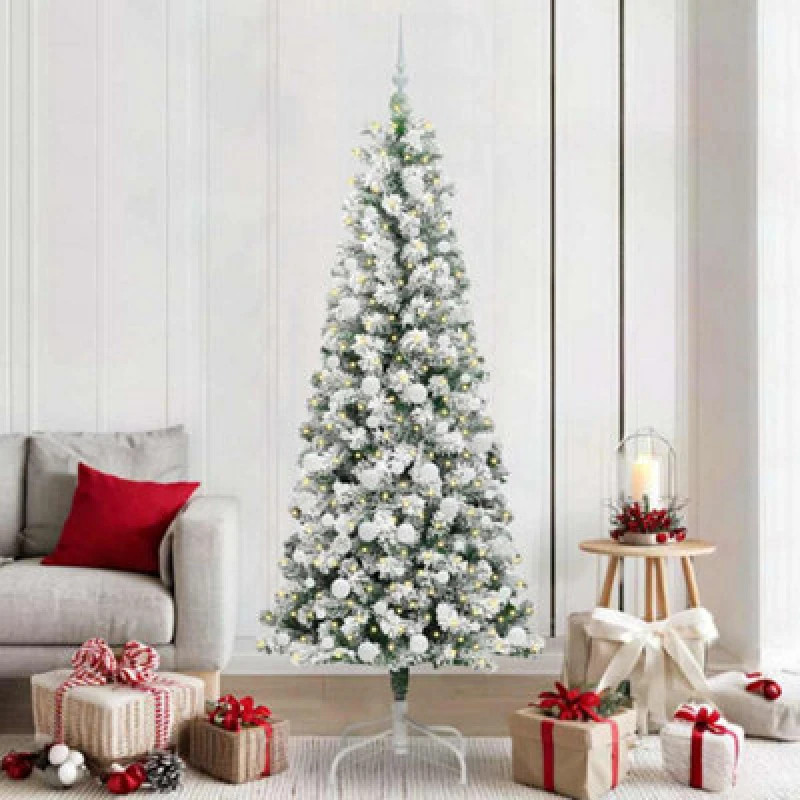 Image of vidaXL Artificial Hinged Christmas Tree with White Balls Green and white 210 cm, Green 3395607