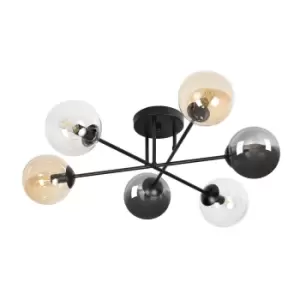 Image of Brendi Black Globe Multi Arm Semi Flush Ceiling light with Graphite, Amber Glass Shades, 6x E14