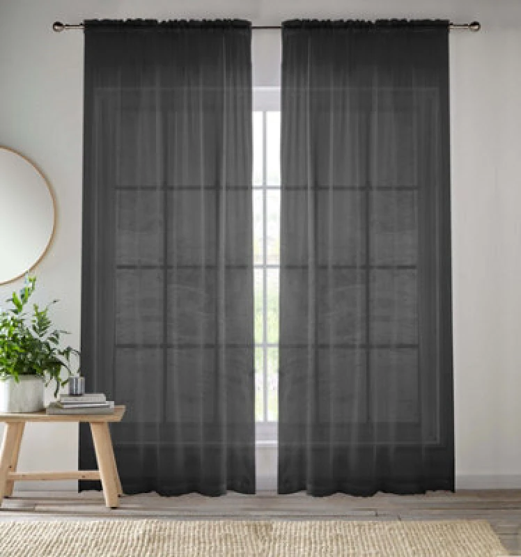 Image of Tyrone Textiles 57x54" Black Sheer Pair of Plain Woven Voile Slot Top Curtain Panels (145x137cm), Black CRY16PA54-PAIR