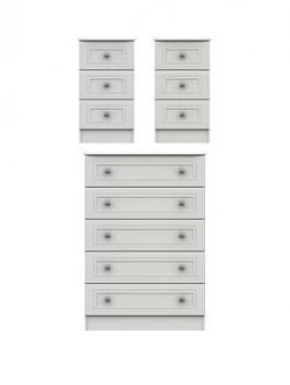 Image of Harris 3 Piece Ready Assembled Package - 5 Drawer Chest And 2 Bedside Chests