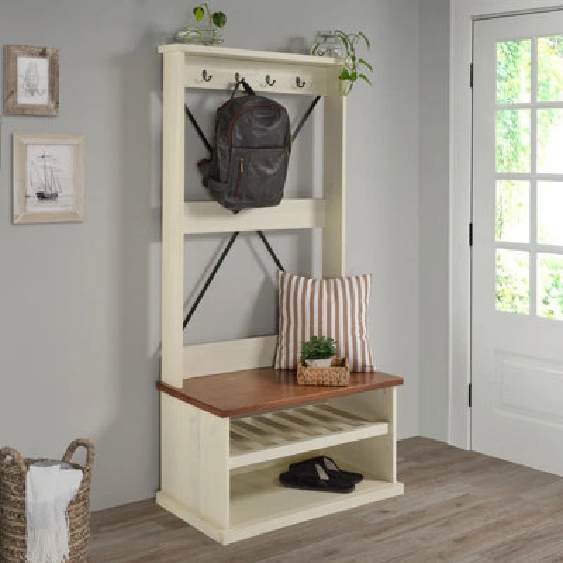 Image of Mercers Furniture Cottage White/cream Painted Pine Hall Tree Coat Rack Wooden With Storage Shelf 171H X 80W X 44D Cm