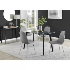 Image of Furniturebox Malmo Rectangular Glass and Black Wooden Leg Modern Industrial Dining Table & 4 Grey Corona Faux Leather Dining Chairs with Silver Legs