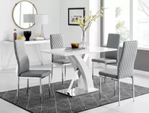 Image of Atlanta White High Gloss and Chrome 4 Seater Dining Table with X Shaped Legs and 4 Faux Leather Milan Chairs