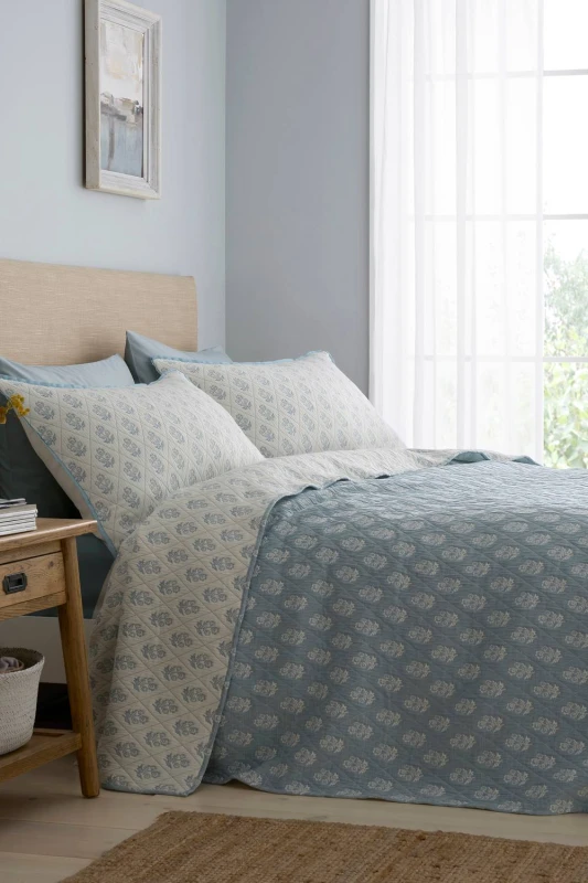 Image of Dreams and Drapes Block Floral Jacquard Quilted 235cm x 235cm Bedspread Set Blue