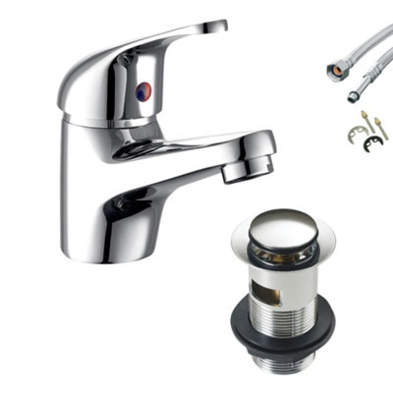 Image of FNX Bathrooms Modern Chrome Single Lever Basin Mixer Tap With Clicker Waste & Flexi Hoses For UK Bathrooms