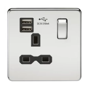 Image of KnightsBridge 13A 1G Screwless Polished Chrome 1G Switched Socket with Dual 5V USB Charger Ports - Black Insert
