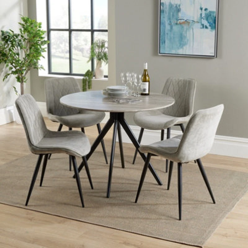 Image of Core Products Aspen Grey Oak Effect 100Cm Round Dining Table With 4 Light Grey Cord Fabric Diamond Stitch Design Chairs