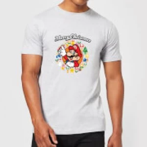Image of Nintendo Super Mario Mario Merry Christmas Wreath Grey T-Shirt - S - Grey