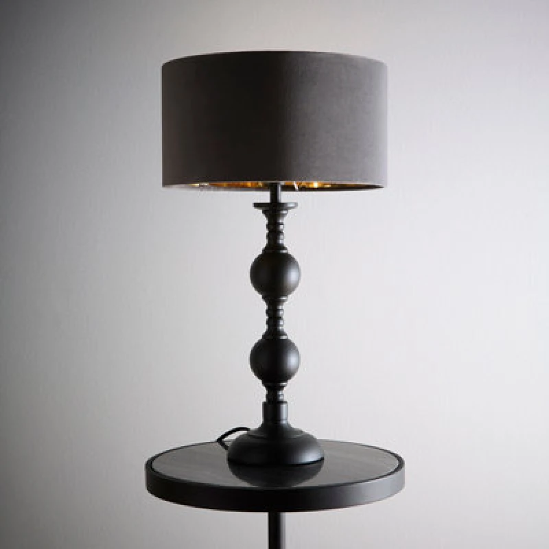 Image of K Living Churchgate Black Metal Base Table Lamp With Grey Velvet Shade