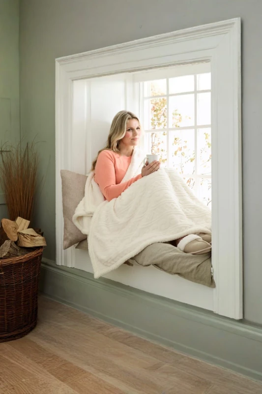 Image of Deyongs Deyongs Cable Heated Throw 140x180cm - Luxury Electric Blanket with Super Soft Sherpa in Cream Size: 140cm x 180cm Cream 140cm x 180cm Unise