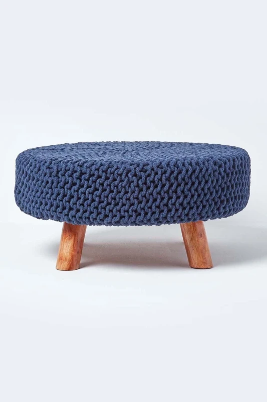 Image of Homescapes Navy Blue Large Round Cotton Knitted Footstool On Legs