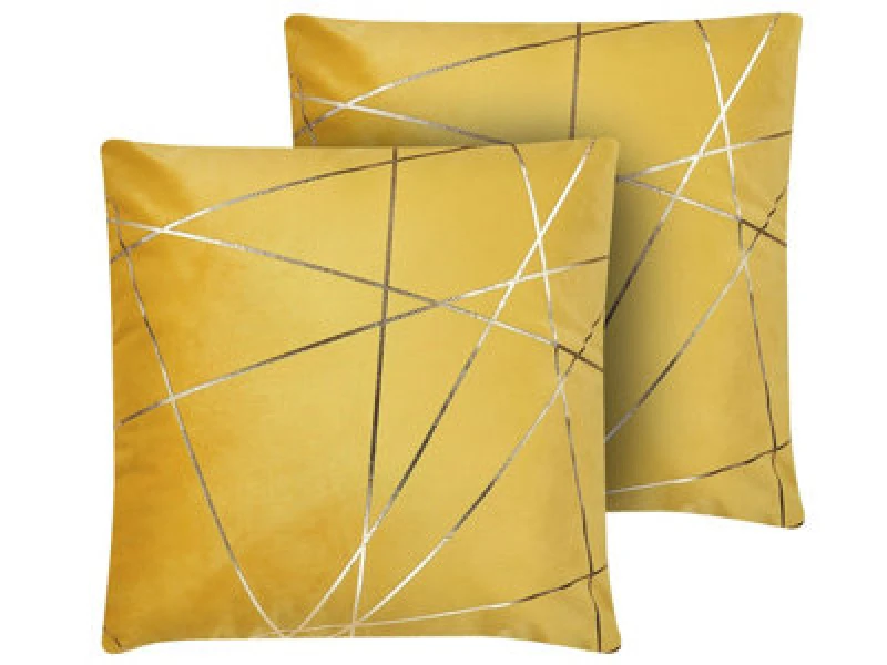 Image of Beliani Set Of 2 Decorative Cushions Pinus Velvet 45 X 45cm Yellow Geometric Pattern