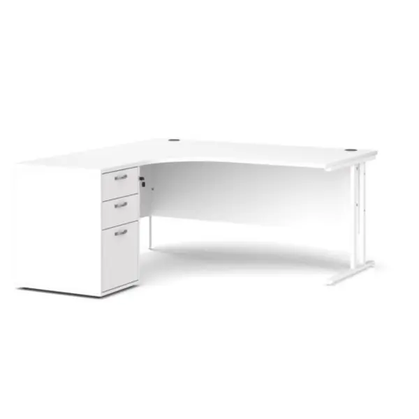 Image of Office Desk Left Hand Corner Desk 1600mm With Pedestal White Top With White Frame Maestro 25