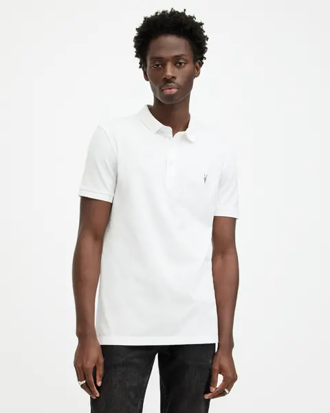 Image of AllSaints Mens Slim Fit Reform Short Sleeve Polo Shirt, White, Size: M