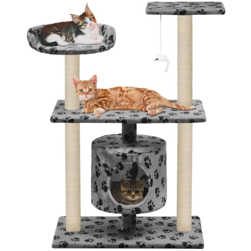 Image of vidaXL Cat Tree with Sisal Scratching Posts 95cm Grey Paw Prints Playhouse