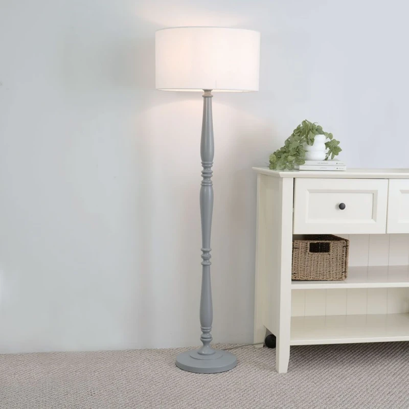 Image of ValueLights Victoria Grey Wood Traditional Stem Floor Lamp with Fabric Drum Shade White