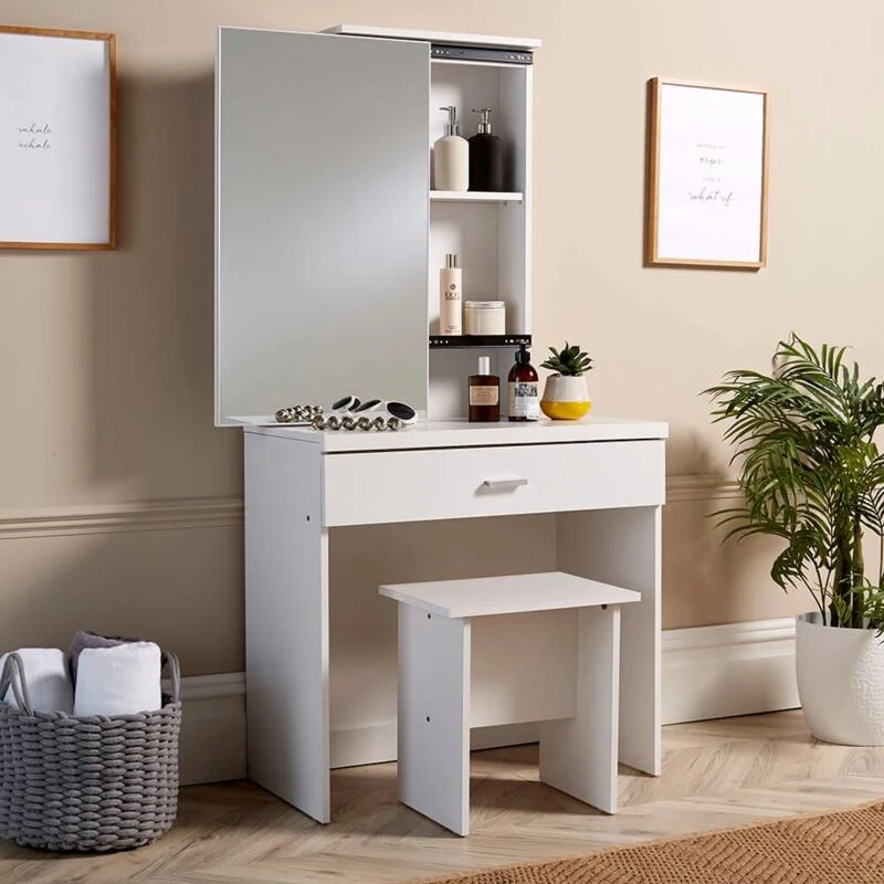 Image of Home Source Berlin Sliding Mirror Dressing Table and Stool Set White