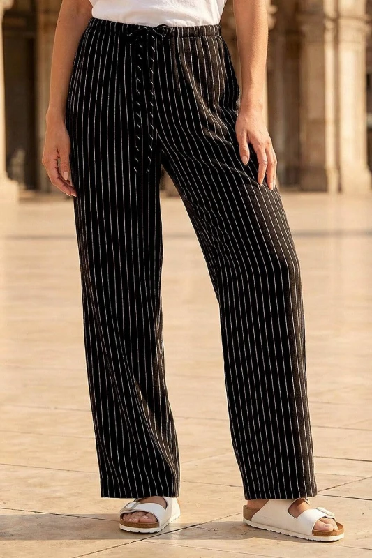Image of Roman Womens Petite Stripe Pull On Stretch Trouser in Black Size: 16 Black Female 16