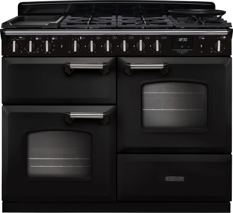 Image of Rangemaster Classic Deluxe 110 CLDLO110DFPCBL/CM1 110cm wide Dual Fuel Range Cooker with Gas Hob - Charcoal Black / Chrome - A Rated