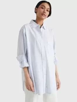 Image of Tommy Hilfiger Cotton Stripe Oversized Shirt - White/Blue, Size 38, Women