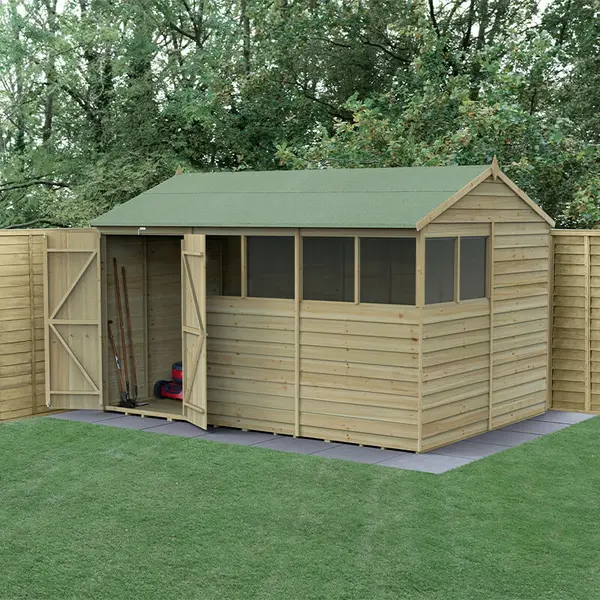 Image of 12' x 8' Forest 4Life 25yr Guarantee Overlap Pressure Treated Double Door Reverse Apex Wooden Shed - 6 Windows (3.6m x 2.61m)