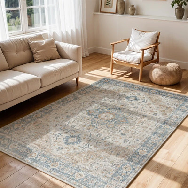 Image of Livabliss Machine Washable Oriental Boho Beige River Area Rug 120 X 170 Cm - Easy Care, Non Shedding, Ideal For Living Room & Bedroom
