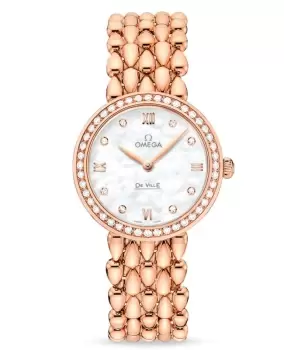 Image of Omega De Ville Prestige Quartz 27.4mm Dewdrop Rose Gold Mother of Pearl Diamond Dial Diamond Bezel Womens Watch 424.55.27.60.55.004 424.55.27.60.55.0