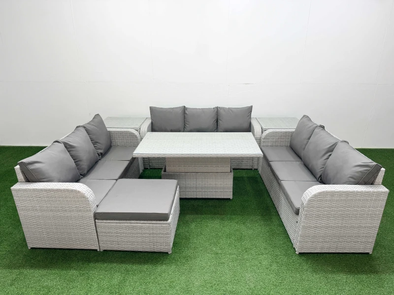 Image of Fimous PE Rattan Lounge Sofa Set 10 Seater Outdoor Garden Furniture Set with Adjustable Lifting Dining or Coffee Table 3 Seater Sofa Big Footstool 2 S