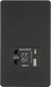 Image of Knightsbridge Shaver socket with dual USB A+C (5V DC 2.4A shared) - matt Black - SF8909MB