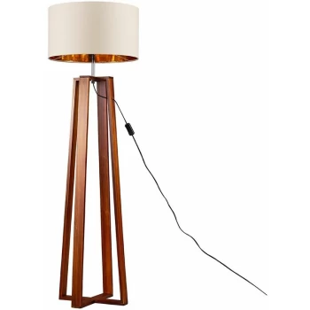 Image of Beltan 4 Leg Floor Lamp in Dark Wood with Reni Shade - Beige & Gold - No Bulb