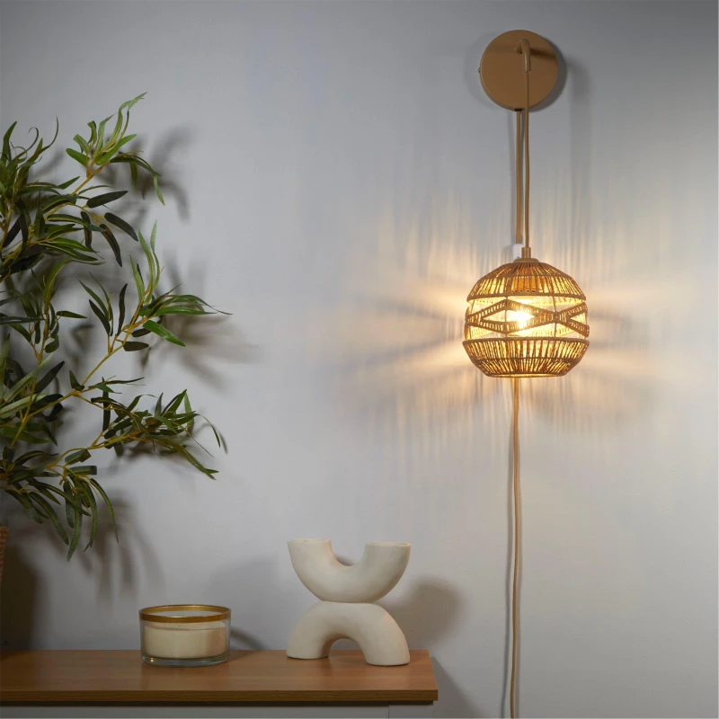 Image of Lighting Collection Woven Plug In Wall Light Natural unisex One Size