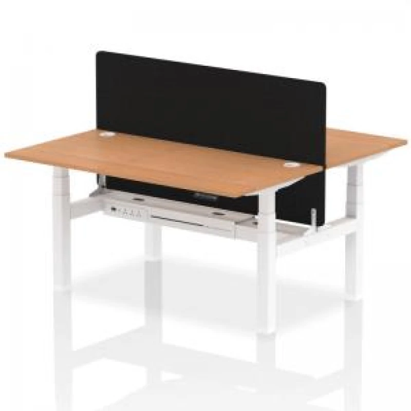 Image of Air Back - to - Back 1600 x 800mm Height Adjustable 2 Person Bench Office Desk Oak Top - Cable Ports White Frame - Black Straight Screen