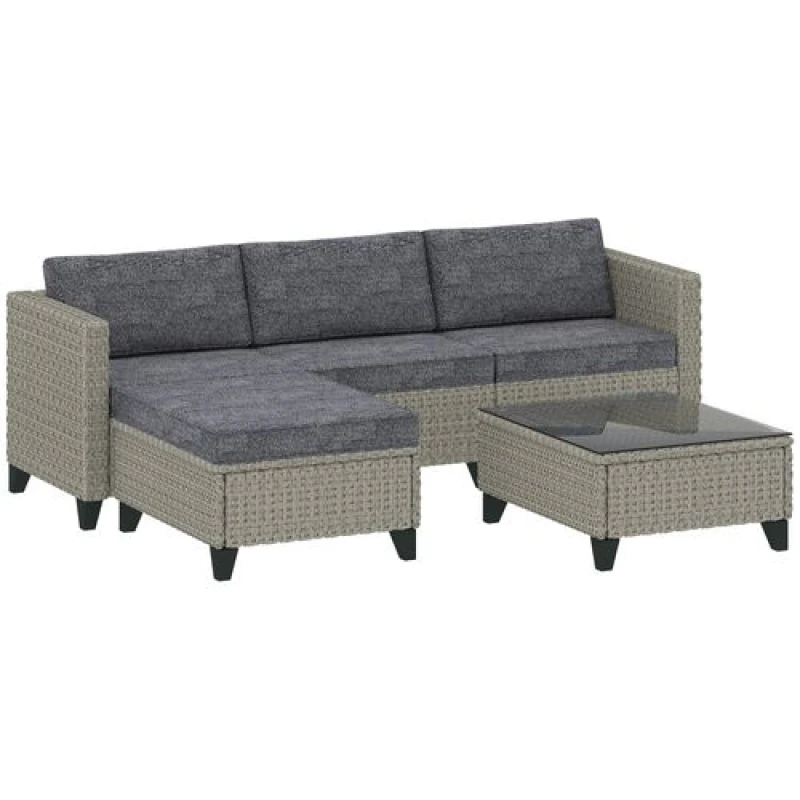 Image of Outsunny 5 Pieces Rattan Garden Furniture Set with Corner Sofa, Table, Cushion Dark Grey