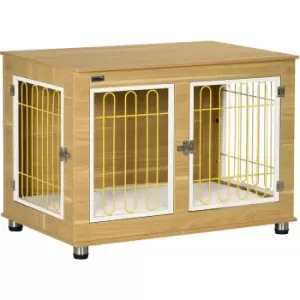 Image of PawHut Dog Crate Furniture End Table w/ Soft Cushion, Double Door - Oak Tone - Beige