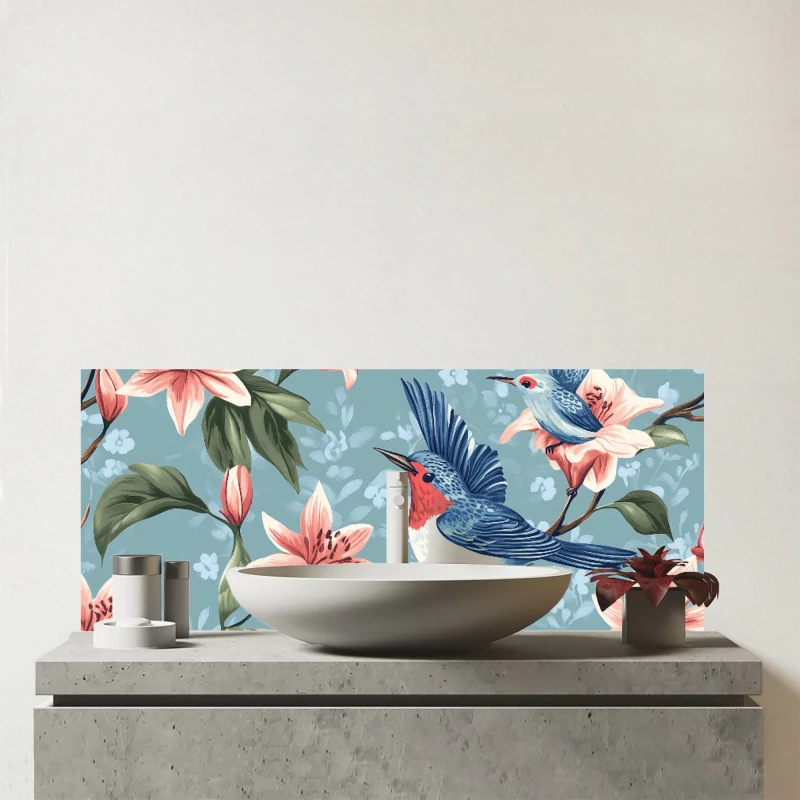 Image of Warren Reed - Designer Birds On A Branch, Amongst The Lillies Glass Bathroom Splashback Multicolor Unisex