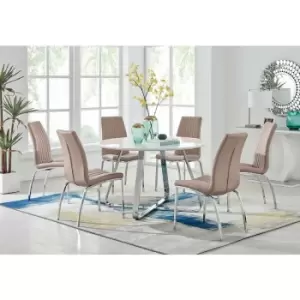 Image of Santorini White Round Dining Table And 6 Cappuccino Isco Chairs - Cappuccino