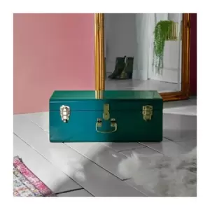 Image of Metal Teal Storage Trunk with Gold Hardware - Stackable Vintage Suitcase Style for Bedroom, Living Room, Dressing Room, Hallway - Lockable - Btfy