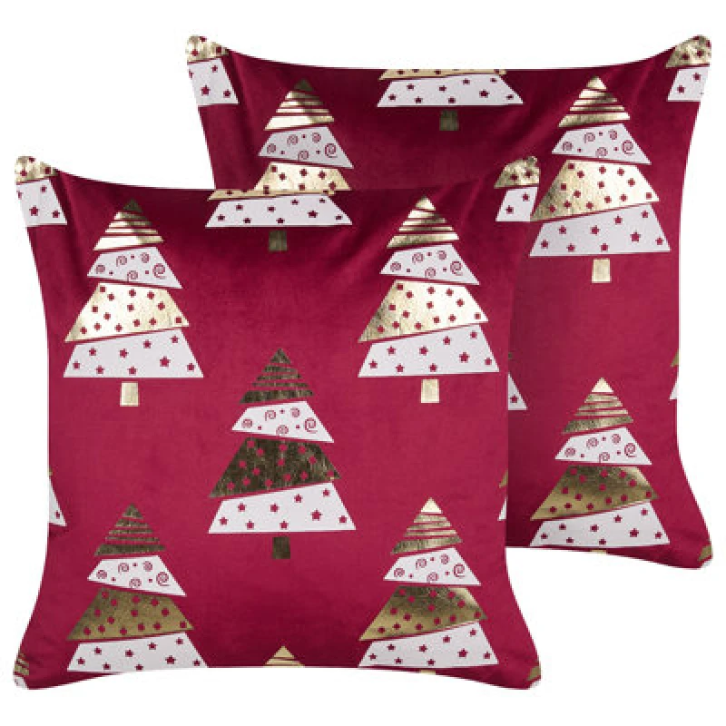 Image of Beliani Set Of 2 Decorative Cushions Goldspruce Velvet 45 X 45cm Red Christmas Motif