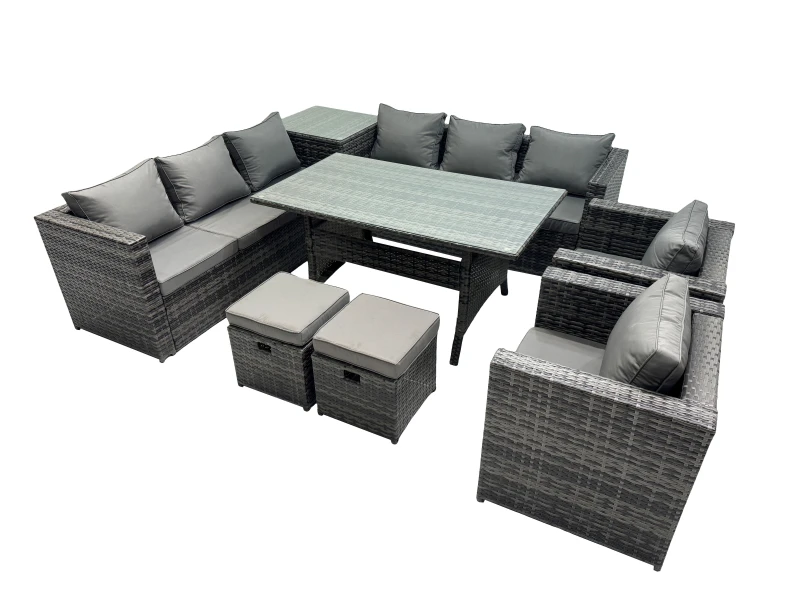 Image of Fimous Garden Rattan Furniture Set 10 Seater with Side Table 2 Small Stool in Dark Grey Dark Grey Unisex