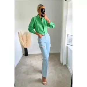 Image of I Saw It First Light Wash Slashed Thigh Boyfriend Jean - Blue