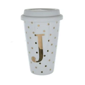 Image of Initials J Double Walled Travel Mug With Silicone Lid - Gold Spots