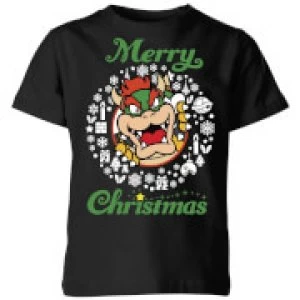 Image of Nintendo Super Mario Bowser Merry Christmas Kid's T-Shirt - Black - 9-10 Years