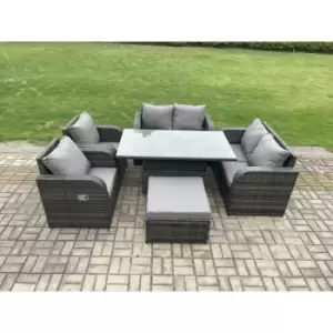 Image of Fimous 6 Seater Outdoor Dark Grey Rattan Lounge Complete Sofa Set with Adjustable Table and Big Footstool